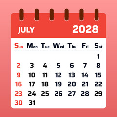 Professional July 2028 calendar with a structured layout. Great for time management, organizing meetings, and planning summer holidays.