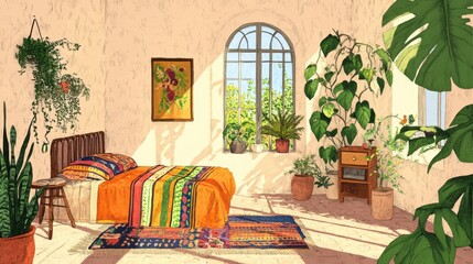 Bright and Cozy Bedroom with Plants and Colorful Decor Elements