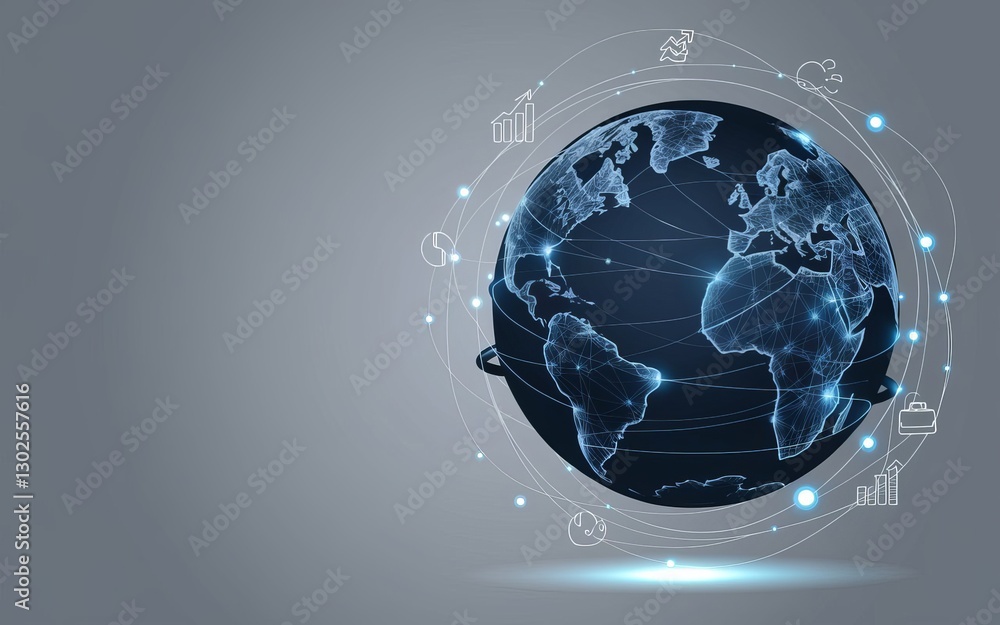 Aufkleber global network: an illuminating image of a digital globe, encircled by interconnected nodes and data
