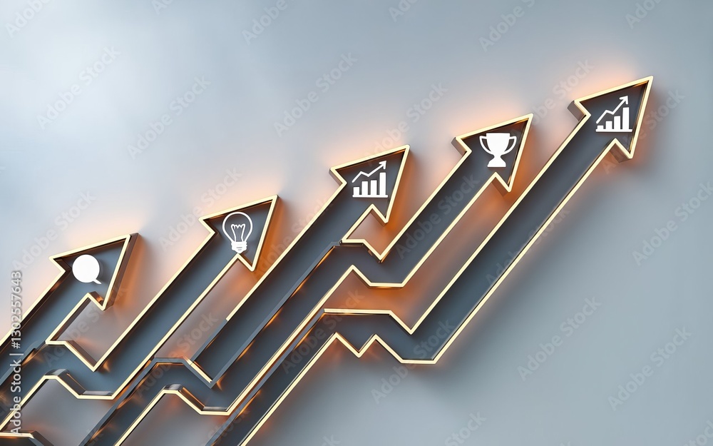 Poster ascending arrows: a visually dynamic arrangement of upward-pointing arrows, each adorned with busine