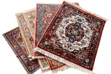 A vibrant display of intricately designed Persian rugs stacked artistically, showcasing rich colors and patterns