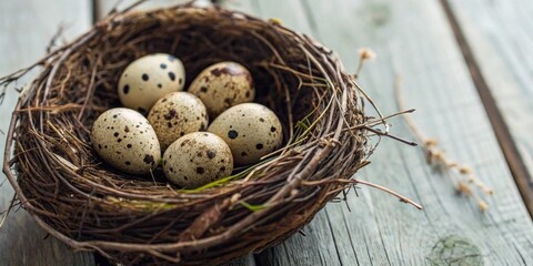 Fototapeta premium a bird's nest filled with speckled eggs, nestled on a weathered wooden surface. The nest is made of twigs, and the eggs have a beautiful pattern