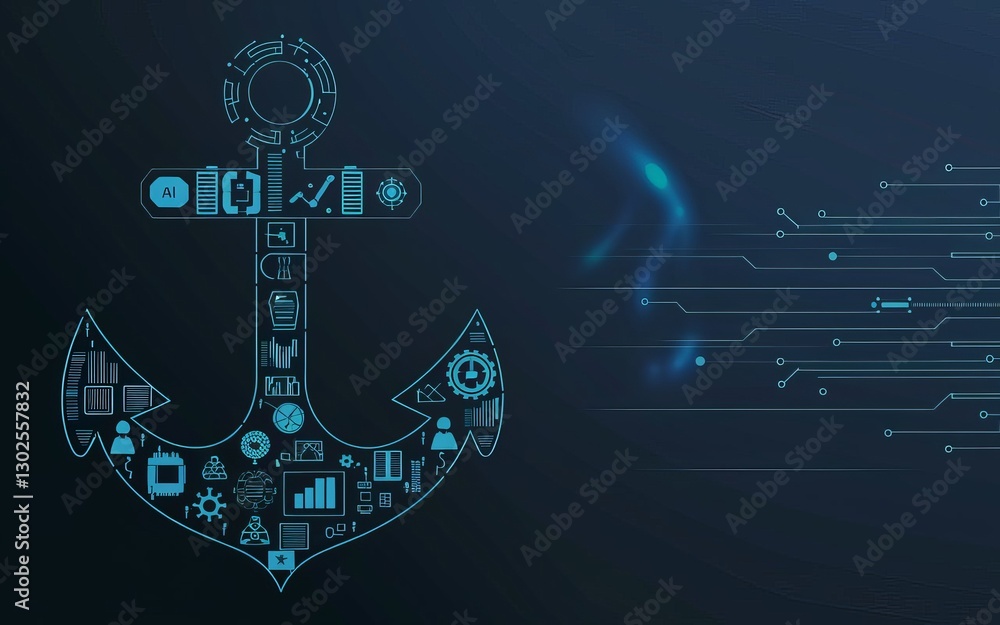 Poster digital anchor: an artistic digital composition of an anchor filled with icons representing technolo