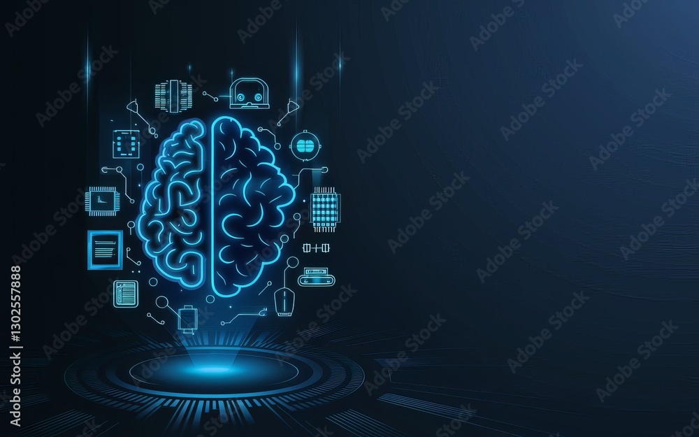 Poster technological brainwave: a digitally rendered image of a human brain, aglow with an electric blue li