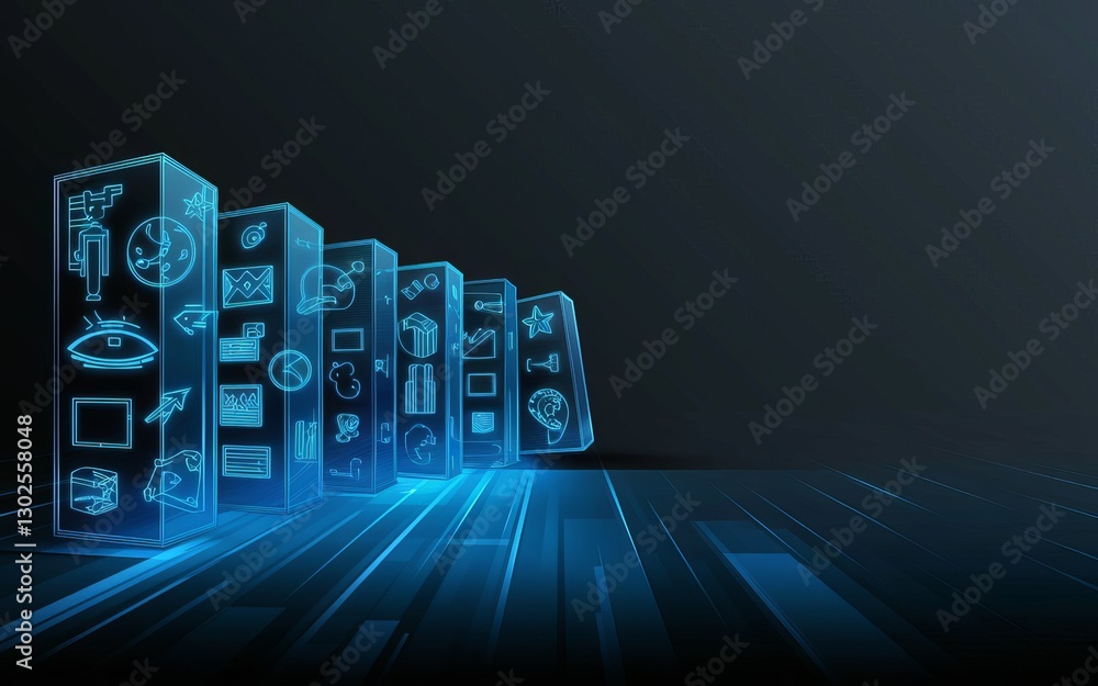 Poster digital domino effect: a visually compelling digital rendering showcasing a series of interconnected