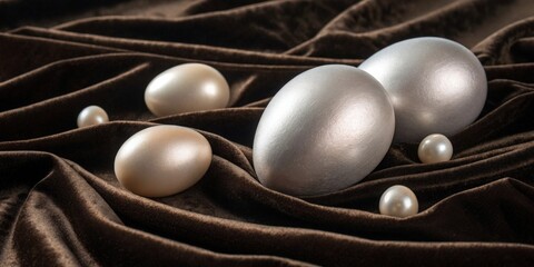 a collection of lustrous pearls resting on a textured, draped surface