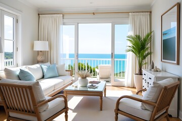 Fototapeta premium Airy Coastal Living Room with Ocean Views and Natural Textures