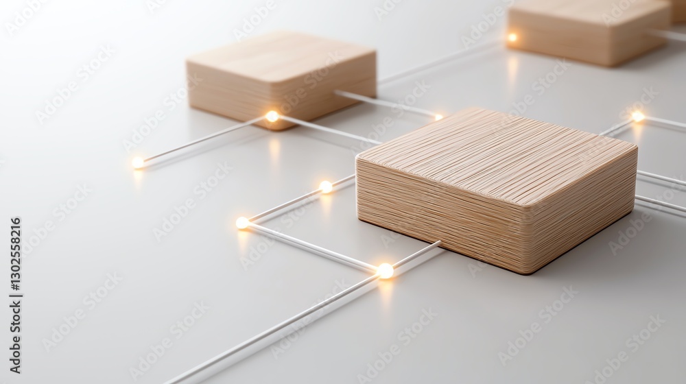 Poster minimalist wooden blocks with illuminated lines symbolizing modern technology and connectivity on a 