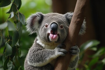 Fototapeta premium Playful Koala: Adorable Grey Bear Sticking Out Tongue While Posing on Tree Branch