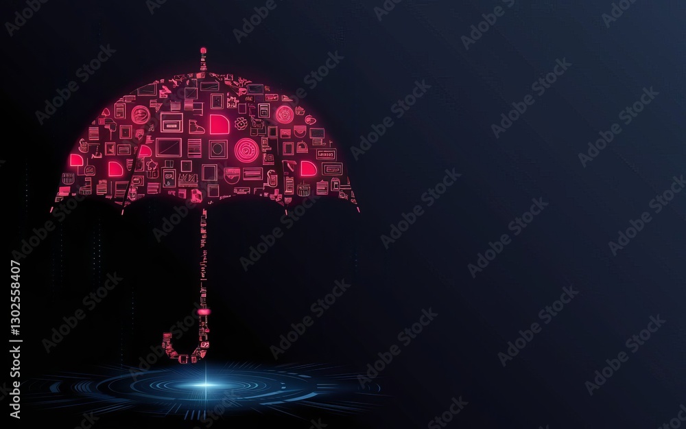 Poster digital umbrella: a vibrant conceptual image of a digital umbrella, constructed from an array of int