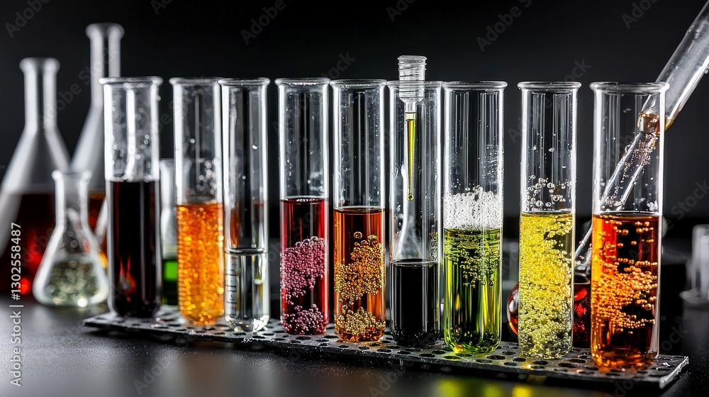 Poster laboratory experiment in action test tubes and reagents scientific setting close-up colorful chemist