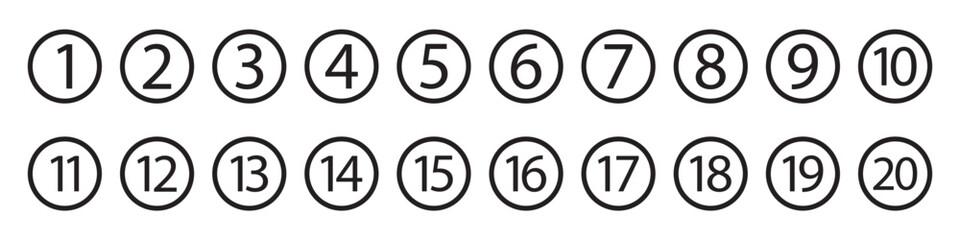 Obraz premium Bullet Points icon set in line style, Simple round numbers in flat style, Set of 1-20 numbers simple black symbol sign for apps, UI, and website, icon vector.