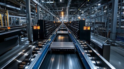 Obraz premium Hypnotic study of industrial conveyor belts in action dynamic workflow in manufacturing facility
