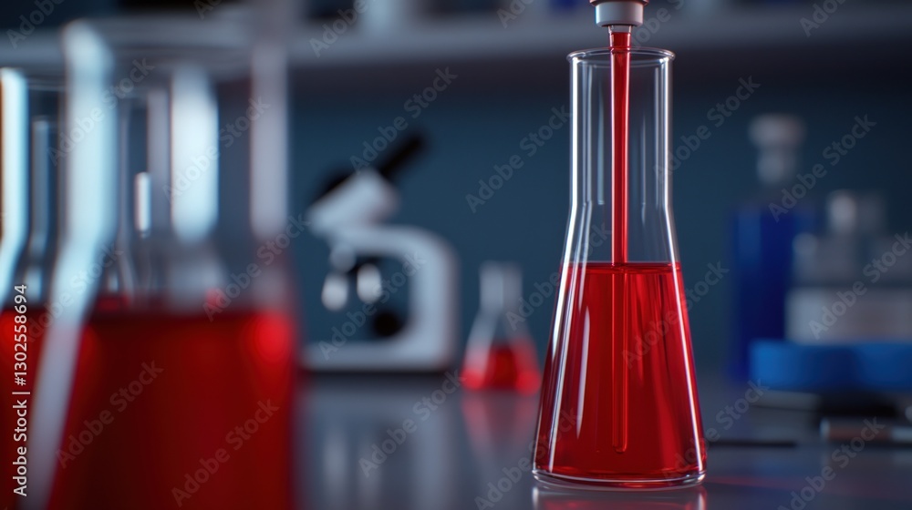 Poster red liquid dispensed into flask in lab