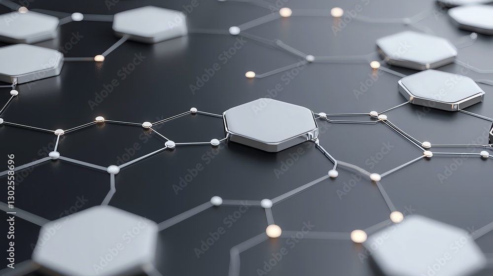 Poster network of hexagonal shapes connected by lines glowing on a dark surface represents modern technolog