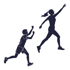 Monochrome silhouettes of young men and women running