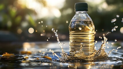 Obraz premium A striking artistic moment as a water bottle disrupts still water, sending delicate splashes upward, with a seamless blurred backdrop.