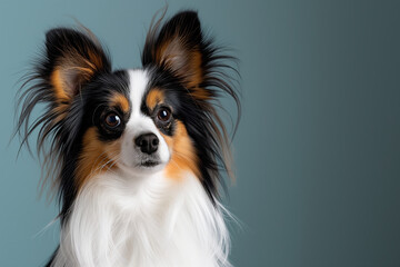 Fototapeta premium Papillon dog on minimalistic colorful background with Copy Space. Perfect for banners, veterinary ads, pet food promotions, and minimalist designs.