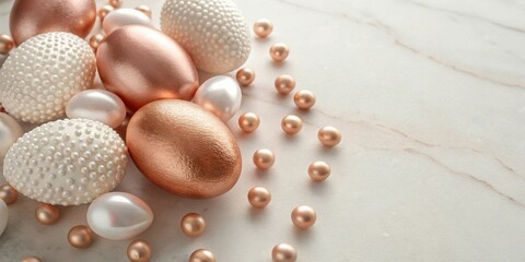 elegant white and rose gold easter eggs arranged on a marble surface with copy space. The eggs have a soft and luxurious look, perfect for showcasing your easter designs.