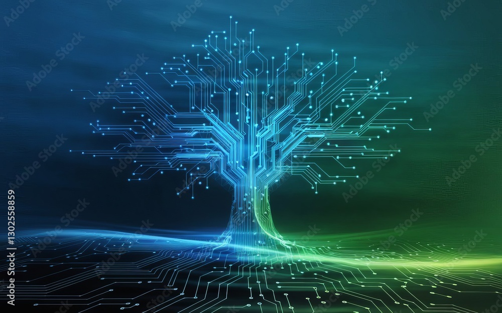Poster digital tree of knowledge: a stylized representation of a tree with a futuristic digital circuit boa