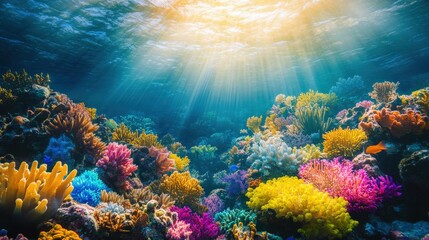 Vibrant underwater oasis: a kaleidoscope of yellow and pink corals teeming with life in an enchanting coral reef