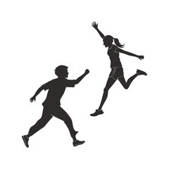 Monochrome silhouettes of young men and women running
