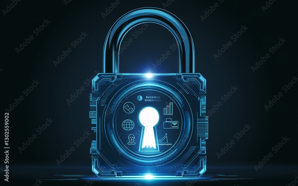 Poster cybersecurity: a digital padlock glows with intricate designs representing global data protection, e