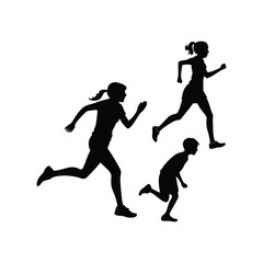 Monochrome silhouettes of young men and women running