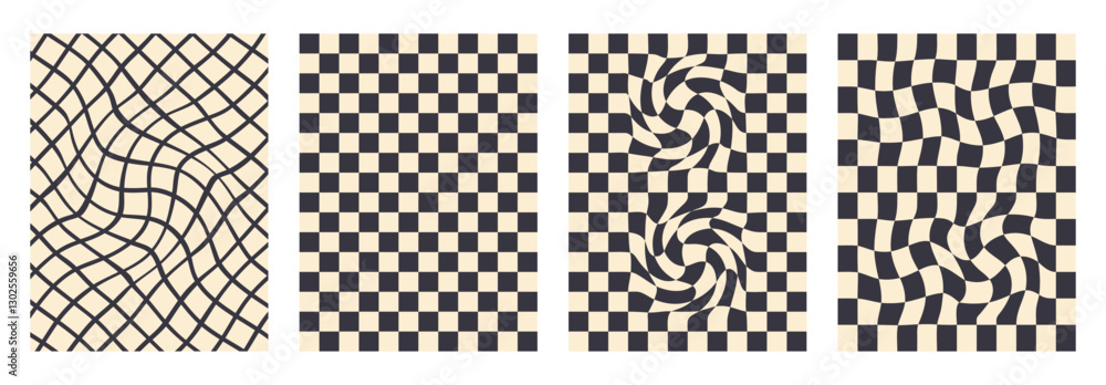 Poster checkerboard background set. psychedelic checker posters templates. vintage distorted grid and strip