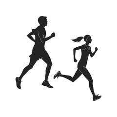 Monochrome silhouettes of young men and women running