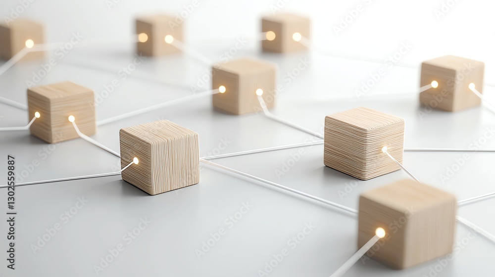 Poster wooden blocks connected by illuminated lines representing a network concept on a white background.