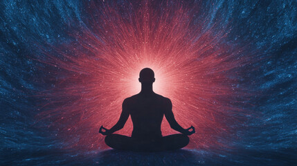 Universal energy, Inner energy connection. Silhouette of a meditating person surrounded by vibrant cosmic energy.