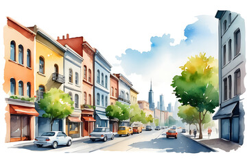 Fototapeta premium Watercolor Painting of Urban City Street with Buildings and Traffic
