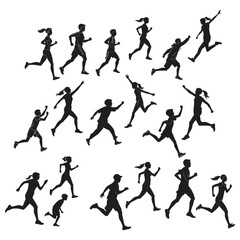 Monochrome silhouettes of young men and women running