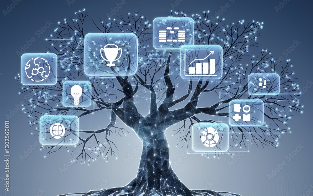Poster digital ecosystem tree: a digital rendition of a tree with glowing, interconnected nodes representin