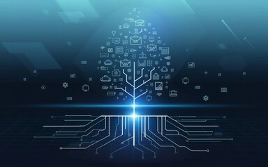 Fototapeta premium The Tree of Digital Growth: A stylized tree composed of various technology icons and symbols branches out against a dark blue background, signifying digital growth and connectivity.