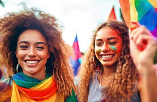 Two young girls with lgtbi flags at the gay pride demonstration