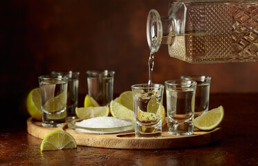 Gold tequila with salt and lime slices.