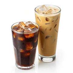 Iced coffee and iced latte in glasses with ice cubes on white background.