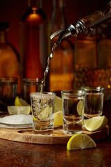 Gold tequila with salt and lime slices.
