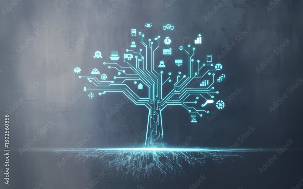 Aufkleber technological tree of innovation: a striking digital illustration of a tree constructed from circuit