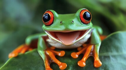 Fototapeta premium Close-up view of a smiling frog with bright eyes sitting on a green leaf surrounded by foliage in a tropical habitat. National Frog Month