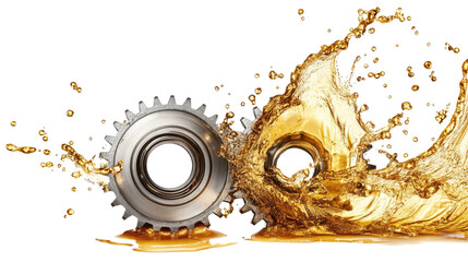 Metal gears splashing in golden motor oil display dynamic movement and texture