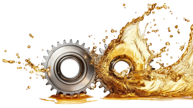 Metal gears splashing in golden motor oil display dynamic movement and texture