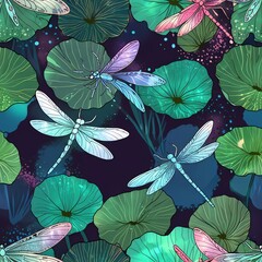 Enchanted Dragonflies Amidst Lotus Leaves: A Dreamlike Watercolor Pattern