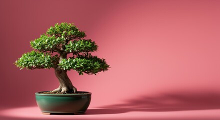 Naklejka premium Lush Green Bonsai Tree in Green Pot against Pink Background Tranquil Zen Garden Plant