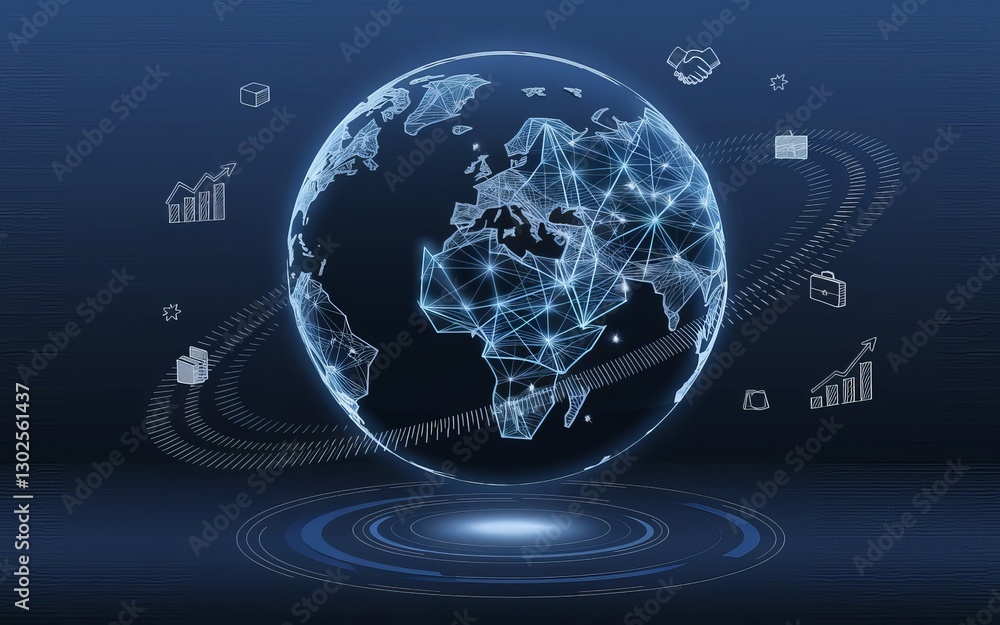 Poster global connection: a digital representation of the globe intertwined with glowing networks and data,
