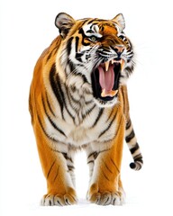 Fototapeta premium Majestic Tiger Roaring on White Background, Capturing the Essence of Wild Nature and Striking Stripes