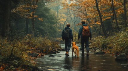 Fototapeta premium Father and Son Hiking with Dog in Misty Autumn Forest