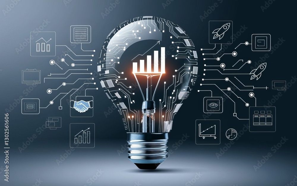 Poster innovation illuminated: an electric light bulb morphs into a complex network of circuits and data, r